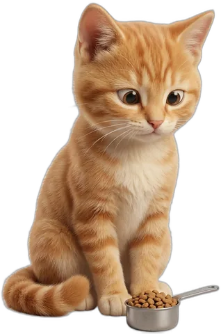 A kitten beside a measuring scoop of kibble